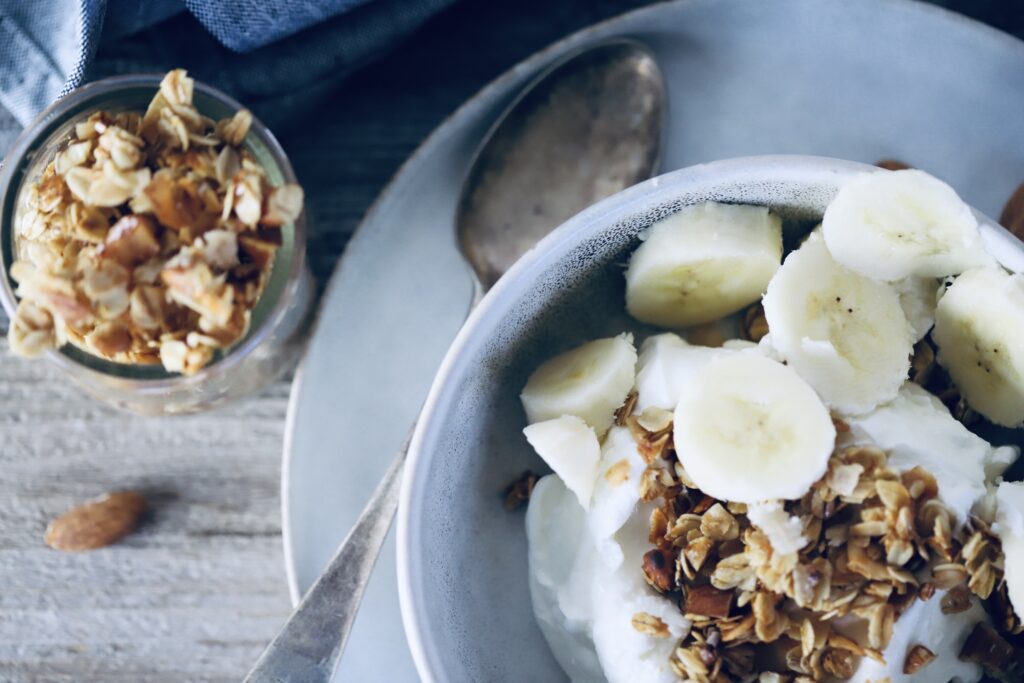 toasted coconut honey granola in a serving bowl