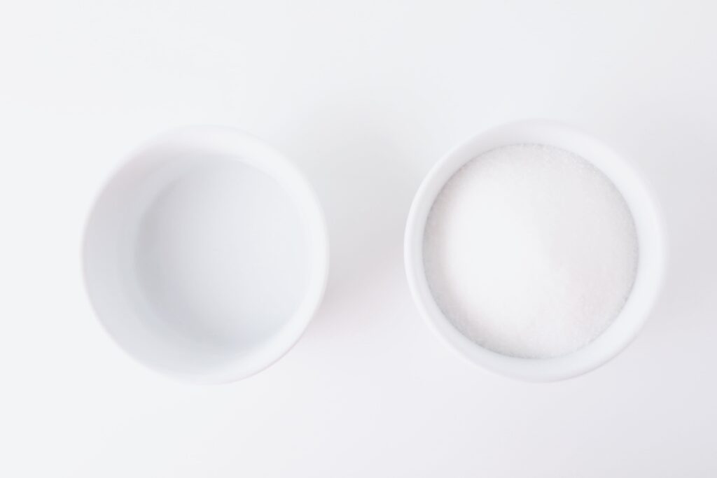 sugar and water in glass bowls