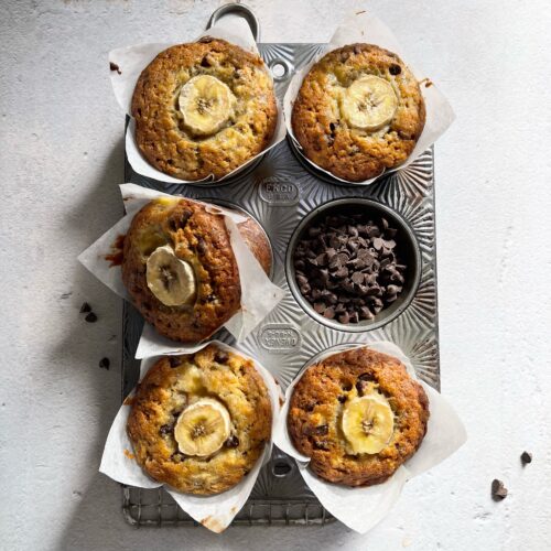 Chocolate Chip Banana Muffins in a muffin pan